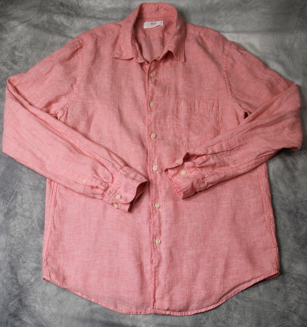 Uniqlo Shirt Mens Medium Pink 100% Linen Long Sleeve Button Front Woven Casual